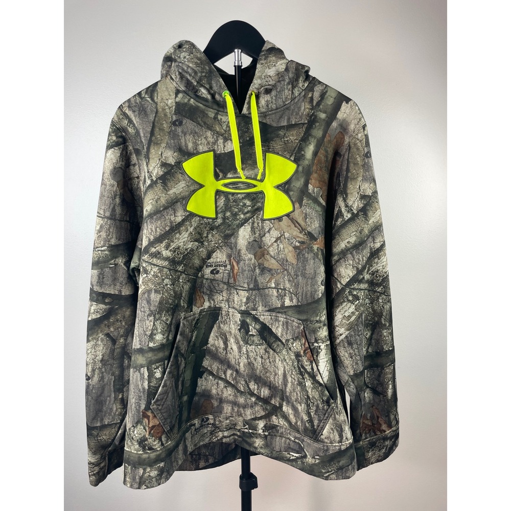 Under Armour Storm Mossy Oak Treestand Camo Hoodie Neon Yellow Logo 1248010 LG